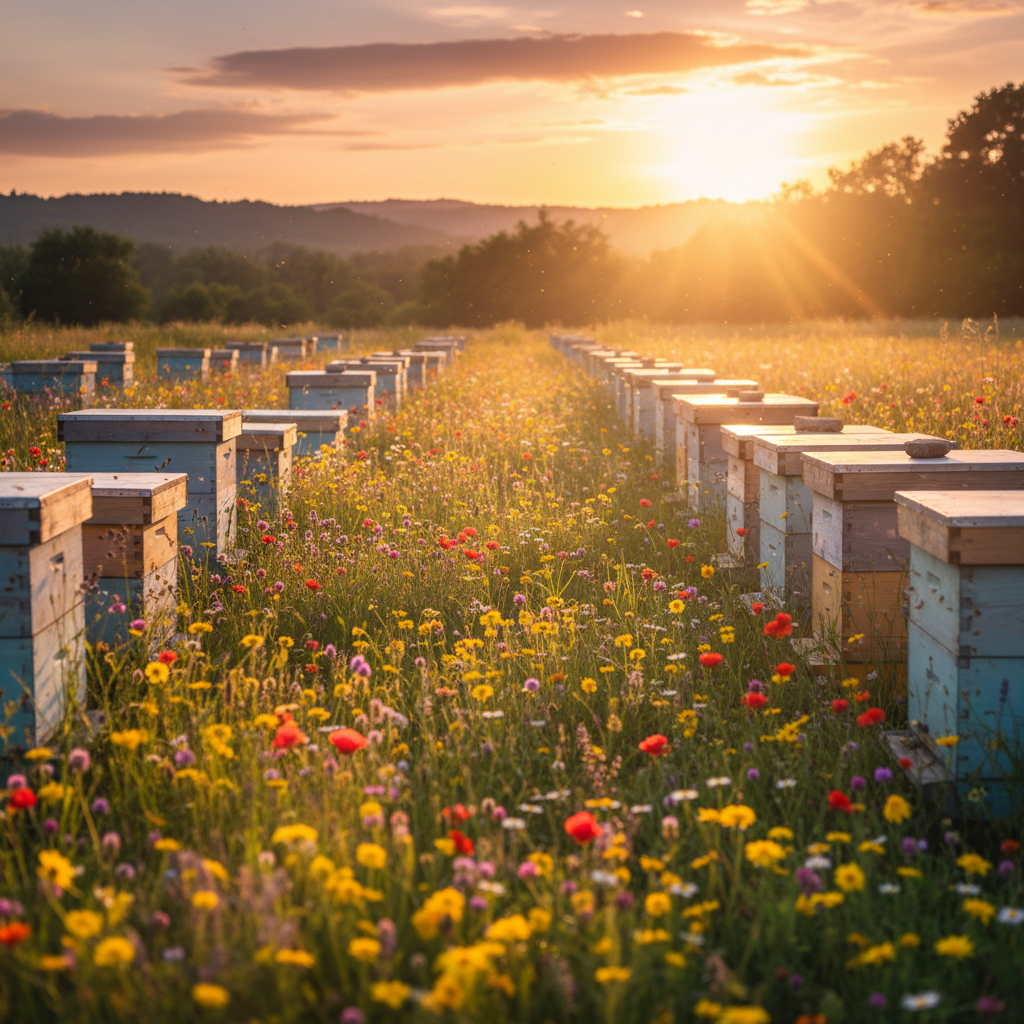 Blooms & Buzz beehives in meadow