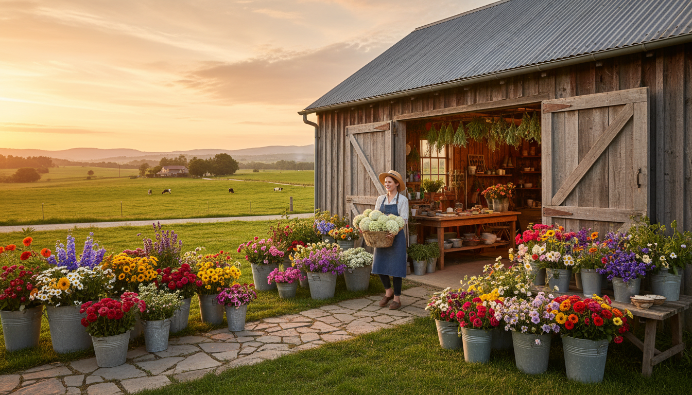 Blooms & Buzz Farm barn with flower buckets