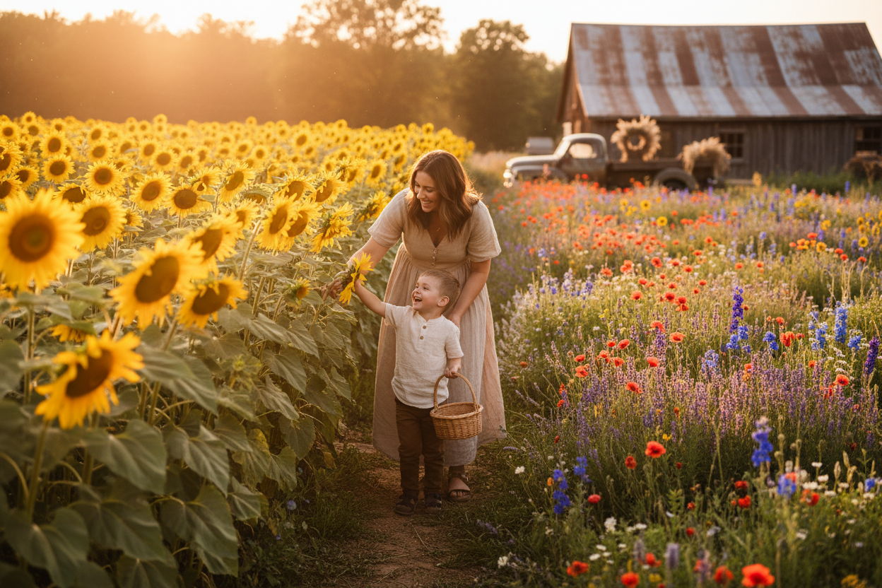 Family picking flowers together
