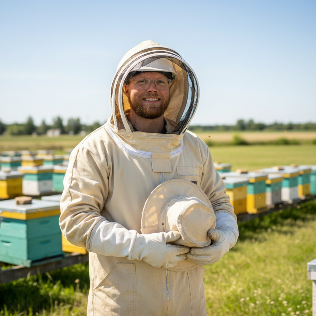 Our beekeeper with protective gear