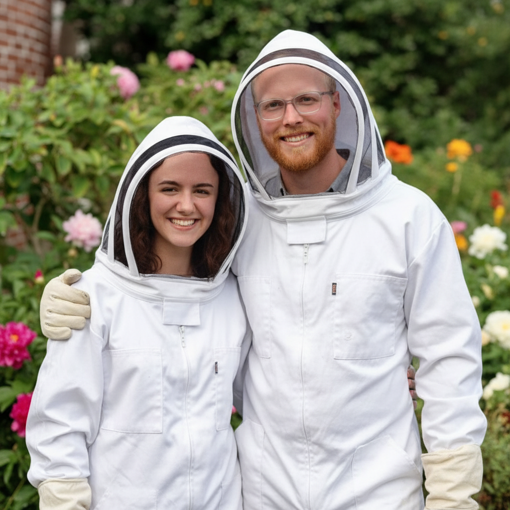 Daus and Deborah in beekeeping uniforms
