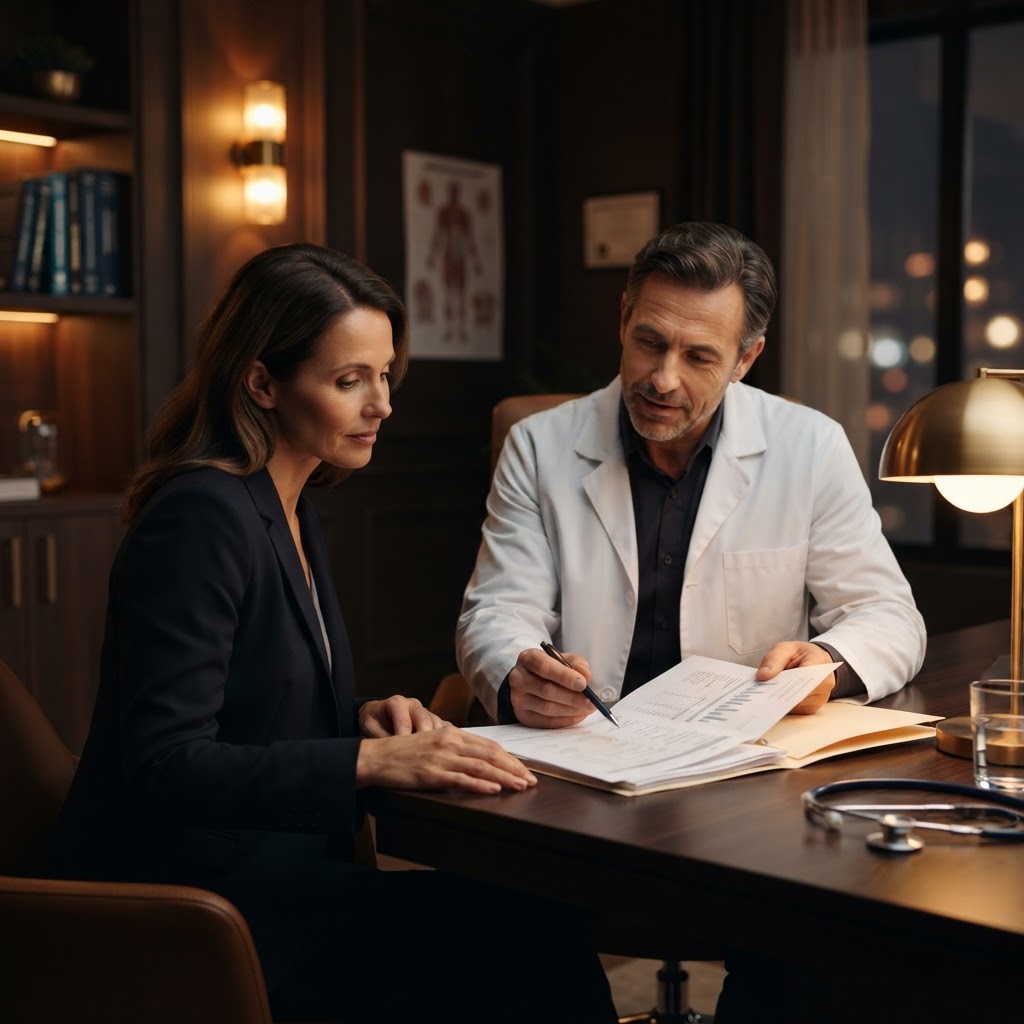 Médico revisando la historia clínica con el paciente