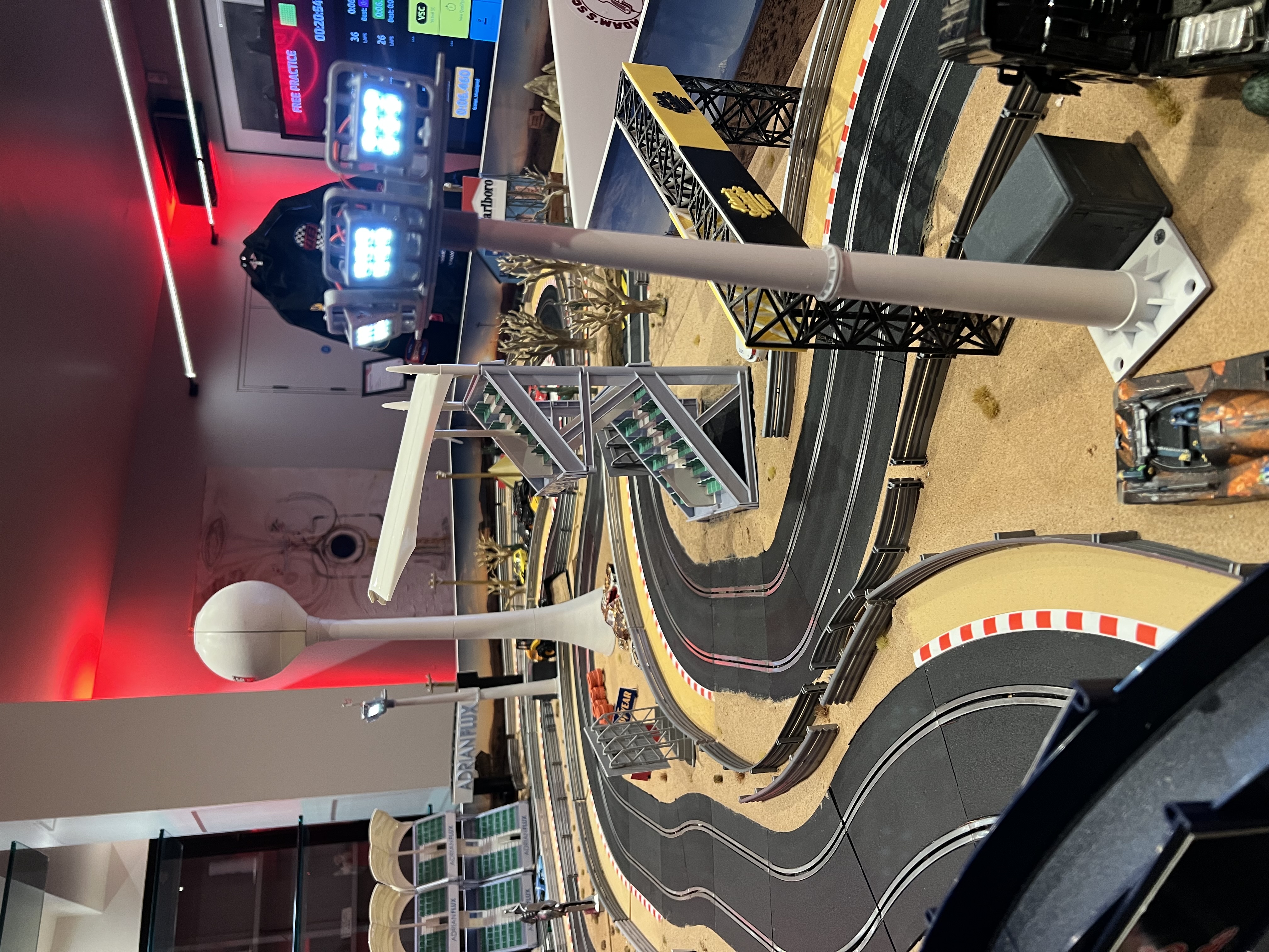 Final shot of the Adrian Flux branded Scalextric track at the Engine Rooms influencer party, London