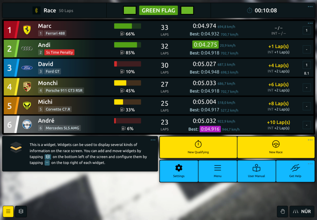 Professional Scalextric timing software dashboard showing live race positions, lap times, and fuel loads