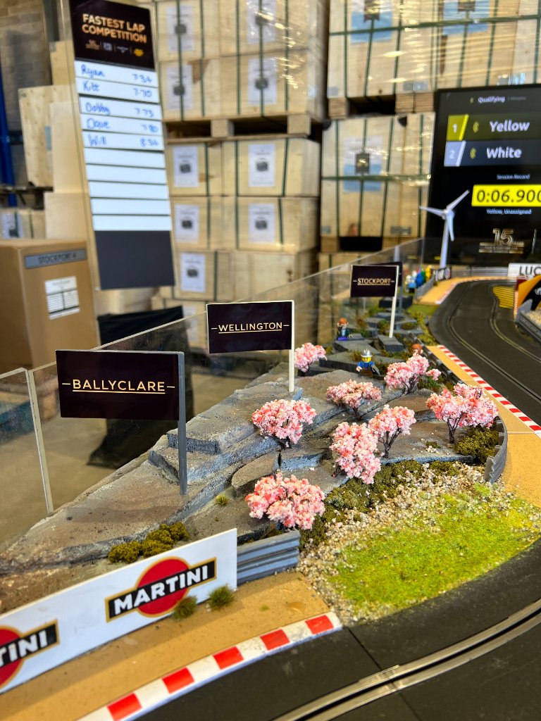 Bespoke track scenery with location signage