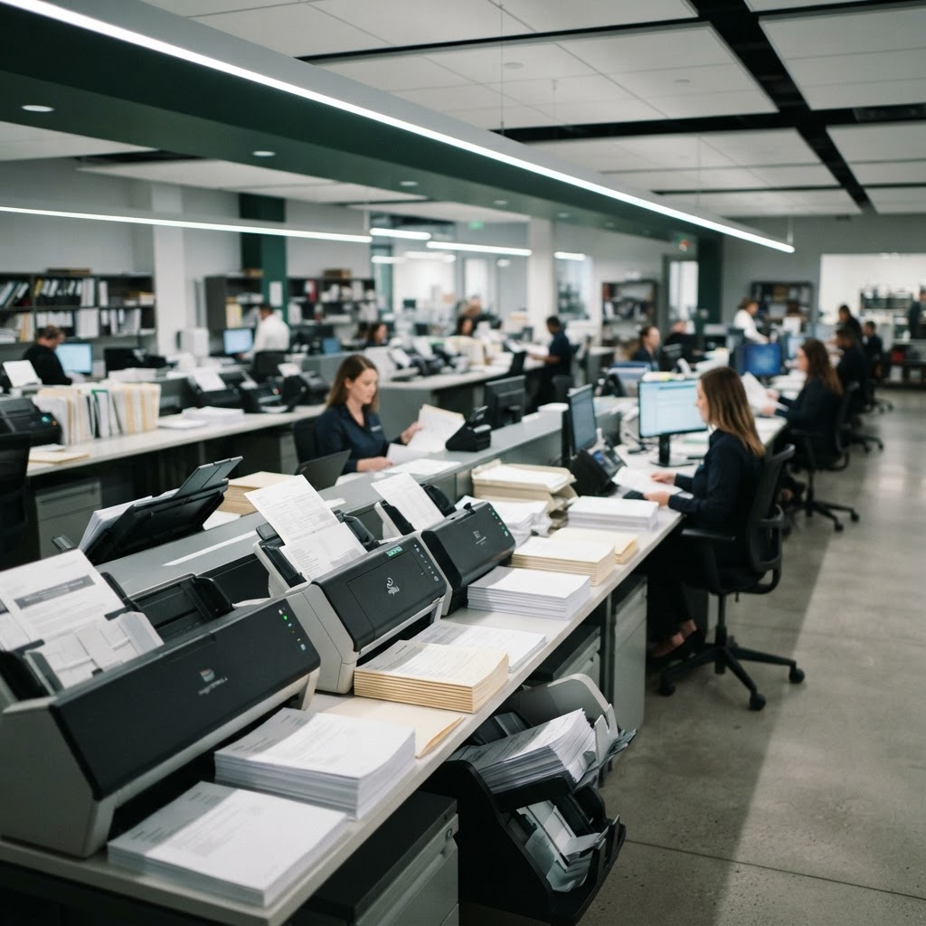 High-volume document scanning and data capture operation at a PECS Data processing centre