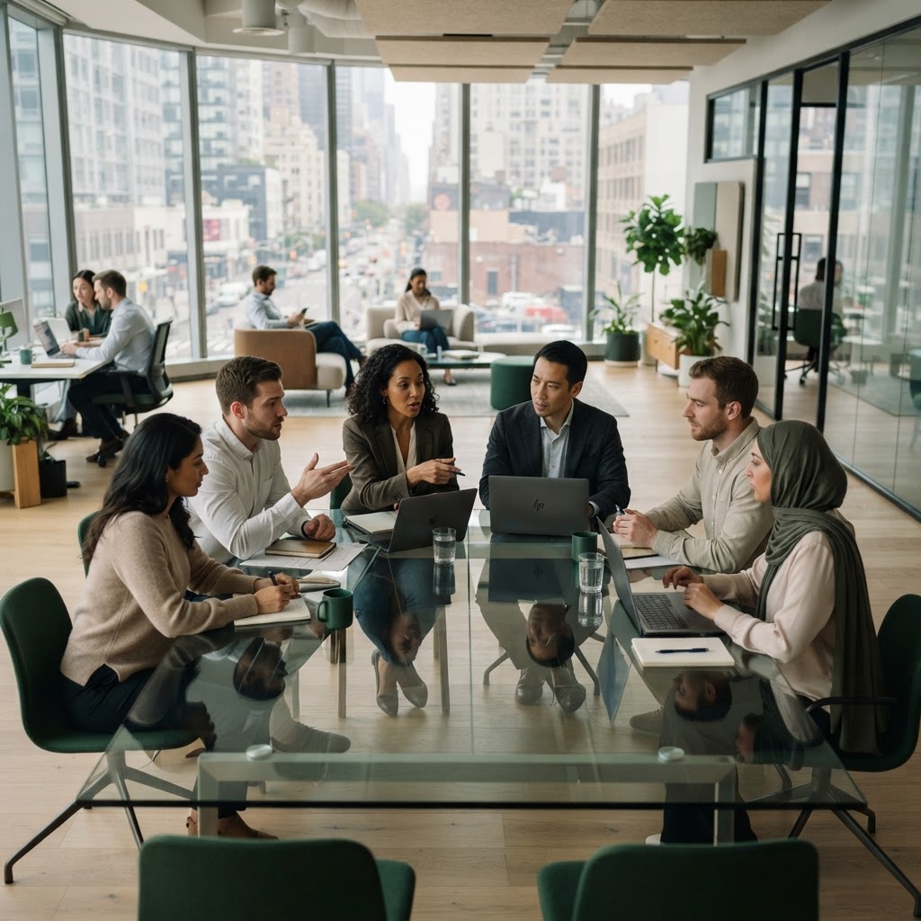 A PECS Data team collaborating in a bright modern open-plan office