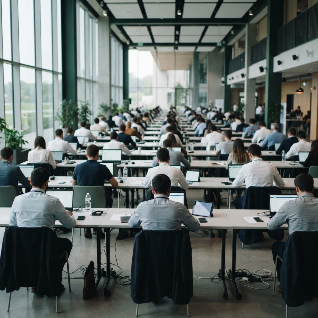 Candidates taking a digital exam on laptops and tablets in a modern examination hall