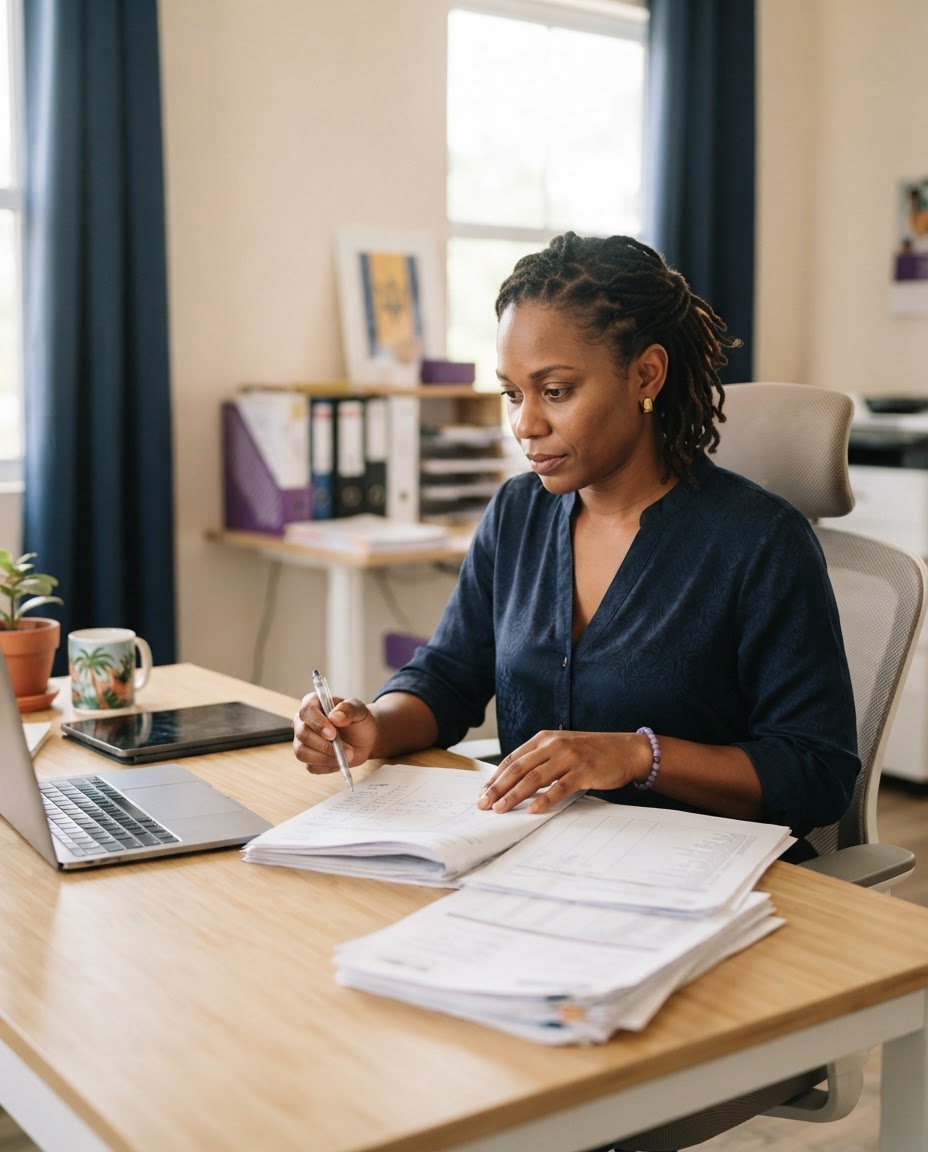 Barbadian business owner reviewing payroll records