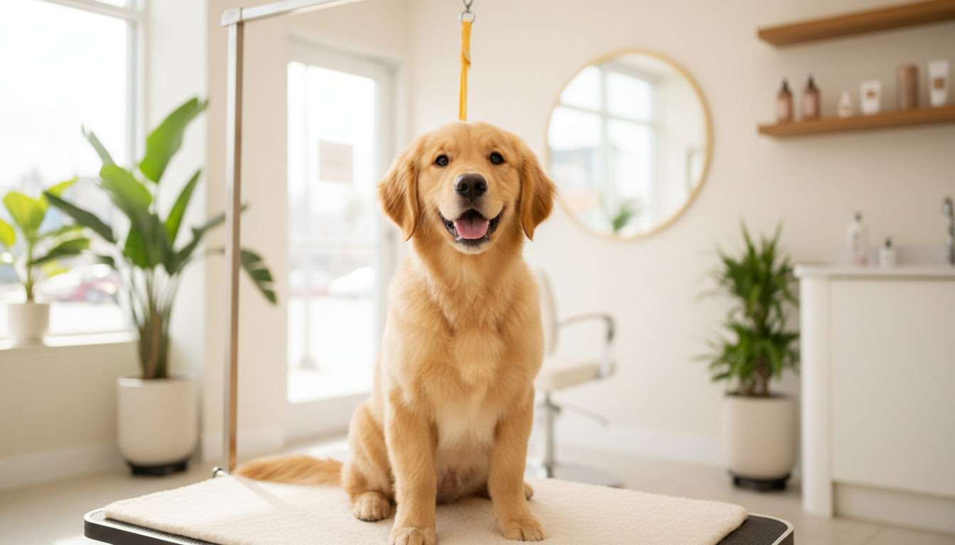 Happy groomed golden retriever in a clean pet salon