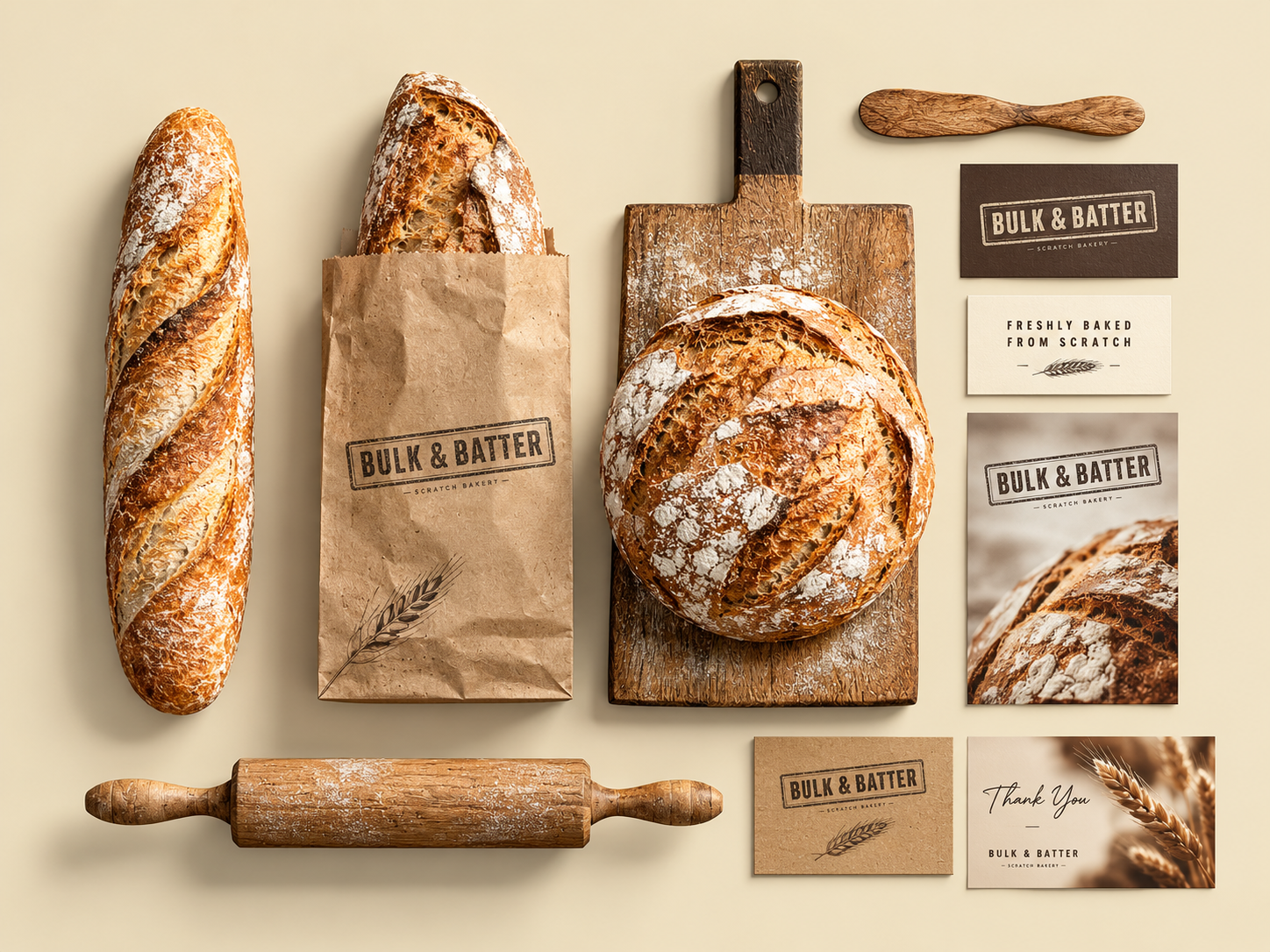 Flat lay of Bulk & Batter breads, branded packaging and baking tools