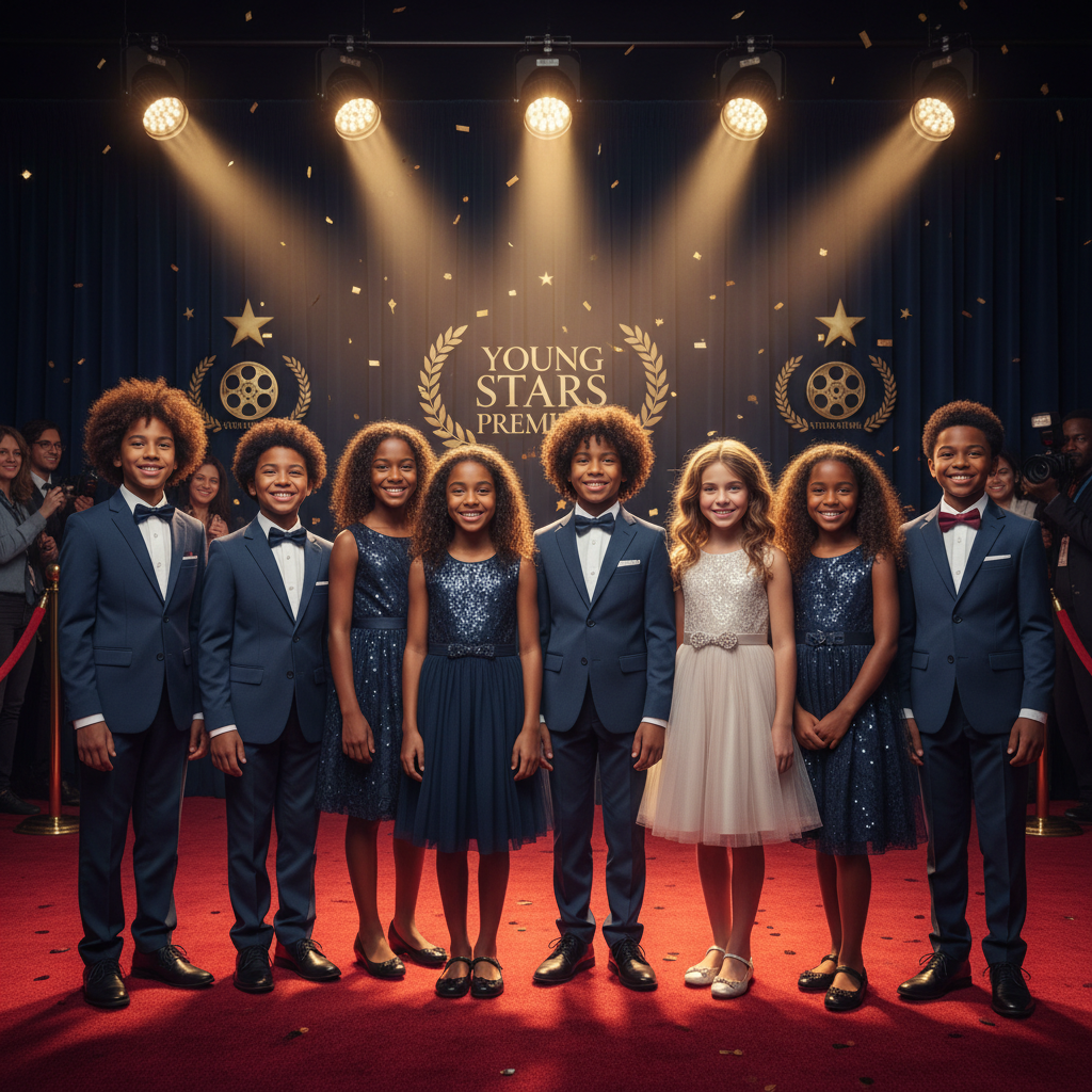 Predominantly African American students with one biracial child on the red carpet at a film premiere