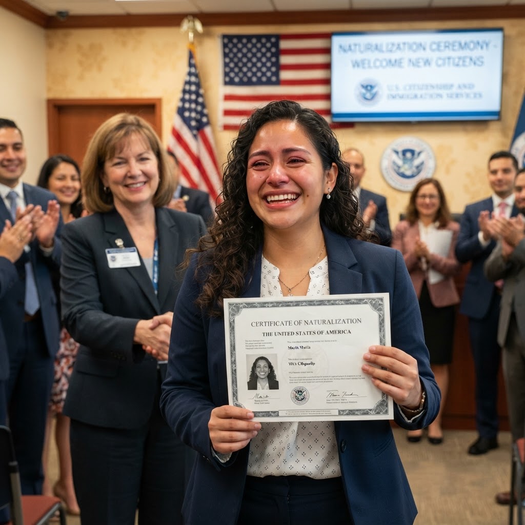 Persona recibiendo su diploma de ciudadanía americana tras aprobar el examen