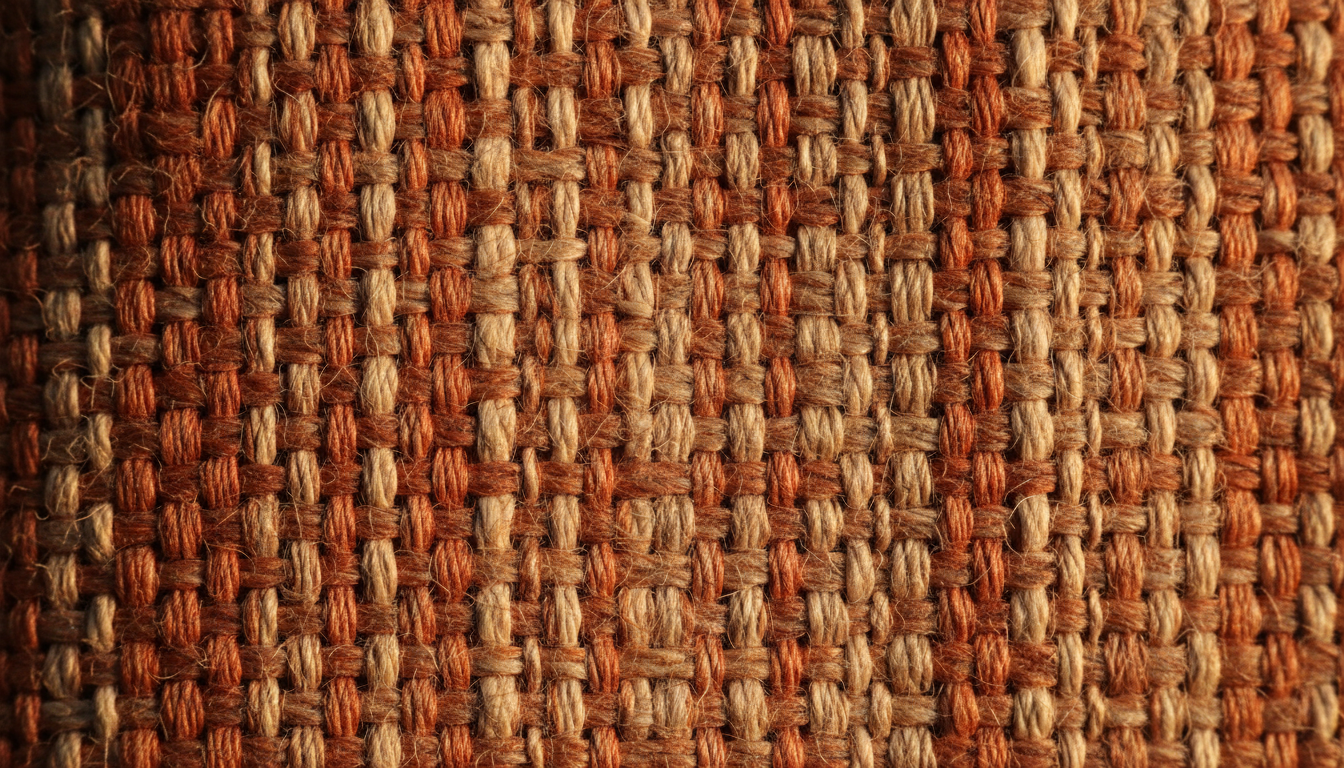 Close-up macro of natural linen weave showing organic texture and warm terracotta tones