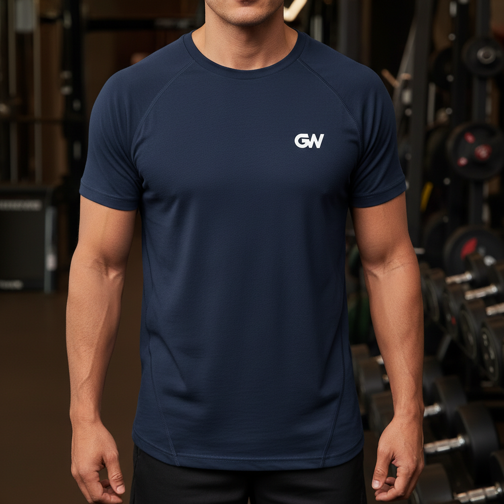 GW Performance T — front view, Navy colourway — Gym Worthy Sports Apparel