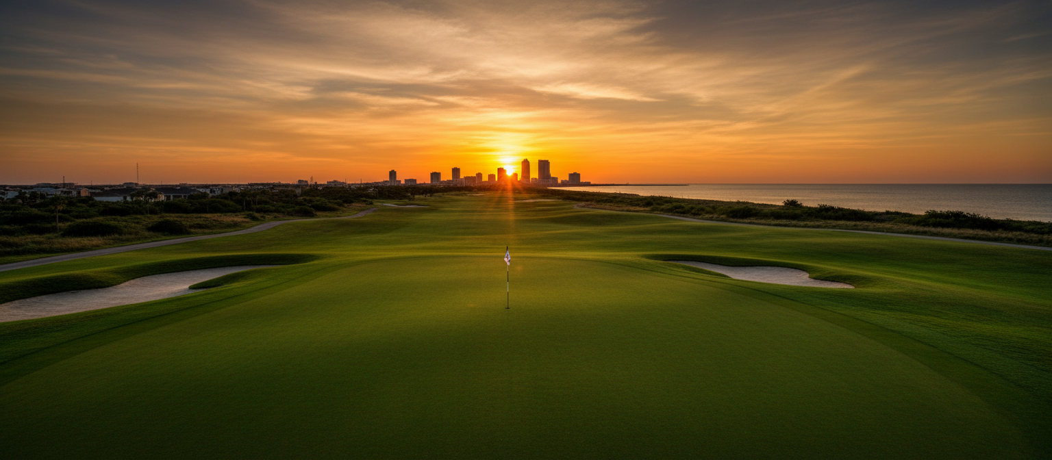 Golf course at golden hour with Corpus Christi bay in the background