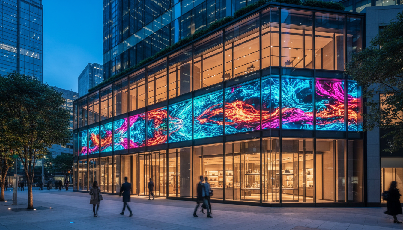 Modern storefront with transparent LED display at blue hour