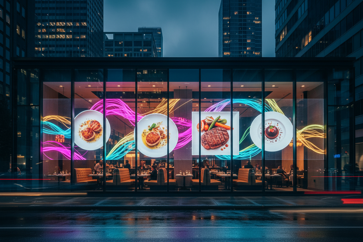 Restaurants & Cafés storefront with transparent LED display