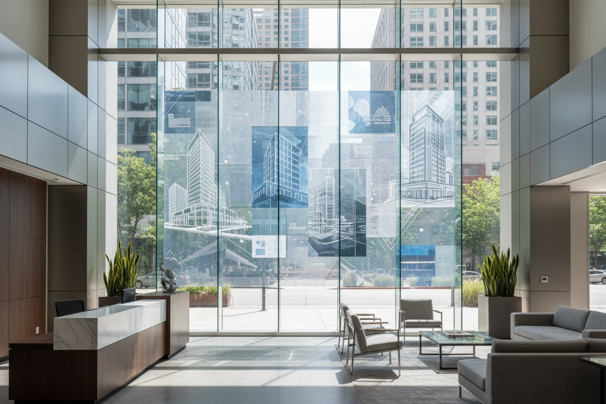 Commercial Real Estate storefront with transparent LED display