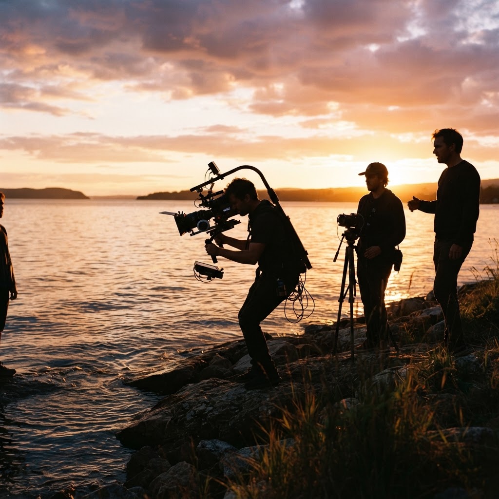 silhouette of men holding camera standing on sand near body of water during daytime