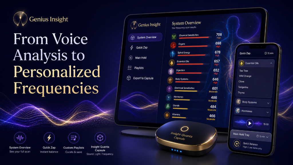 Genius Insight app showing System Overview frequency scan results on desktop, tablet, and phone