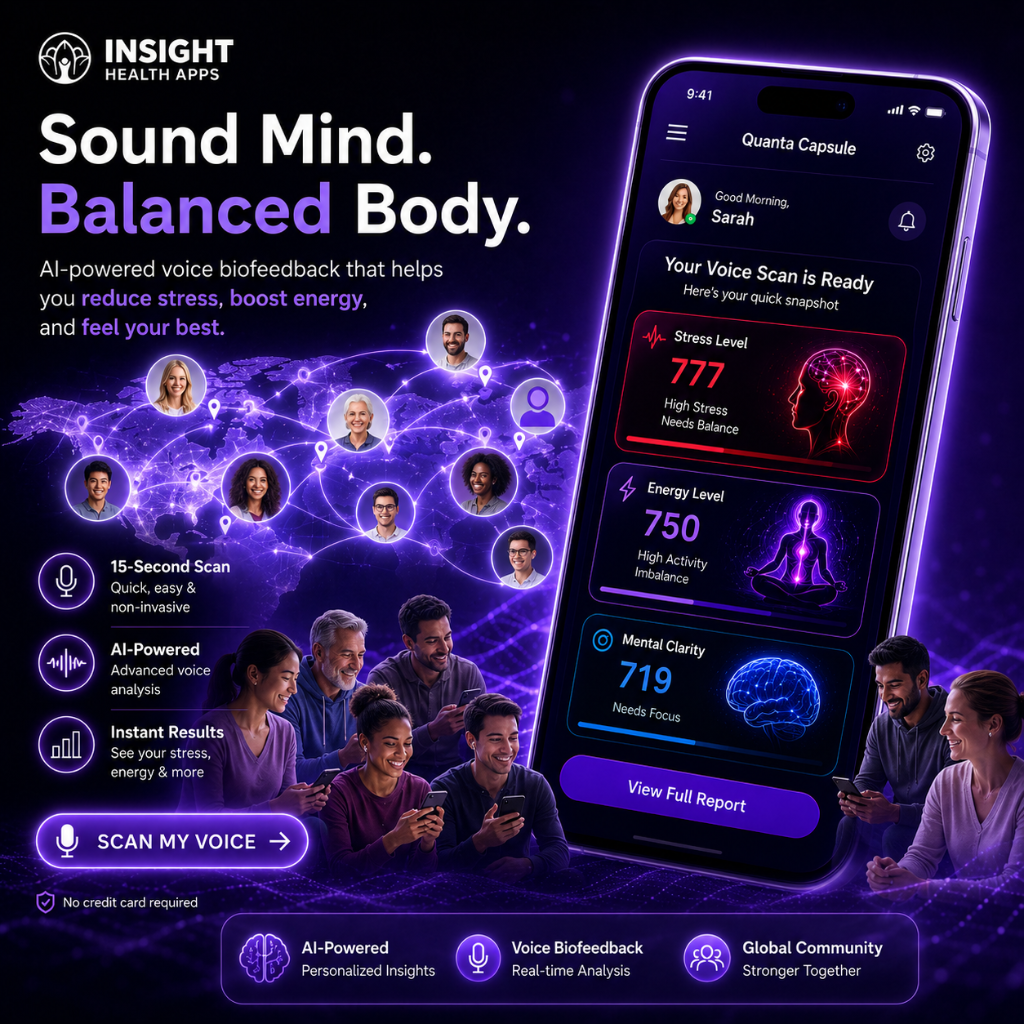 Insight Health Apps Sound Mind Balanced Body — AI-powered voice biofeedback app showing stress, energy, and mental clarity results with a global community of users
