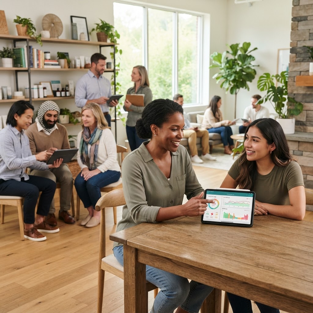 Wellness practitioners collaborating and mentoring in a bright, modern space