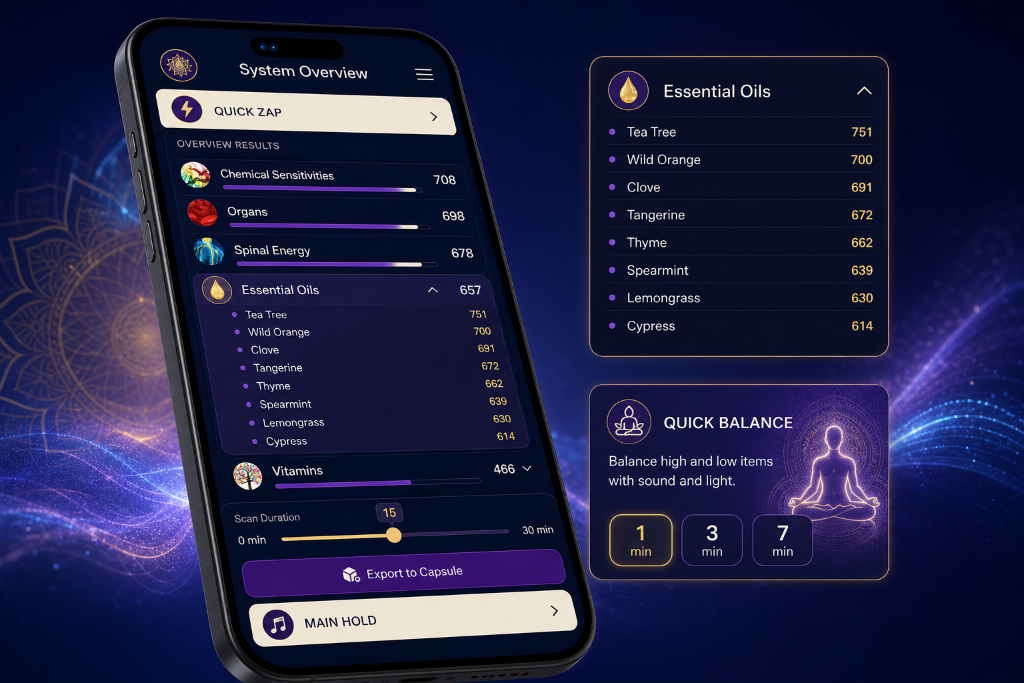 Genius Insight app System Overview screen with Essential Oils results and Quick Balance feature on mobile