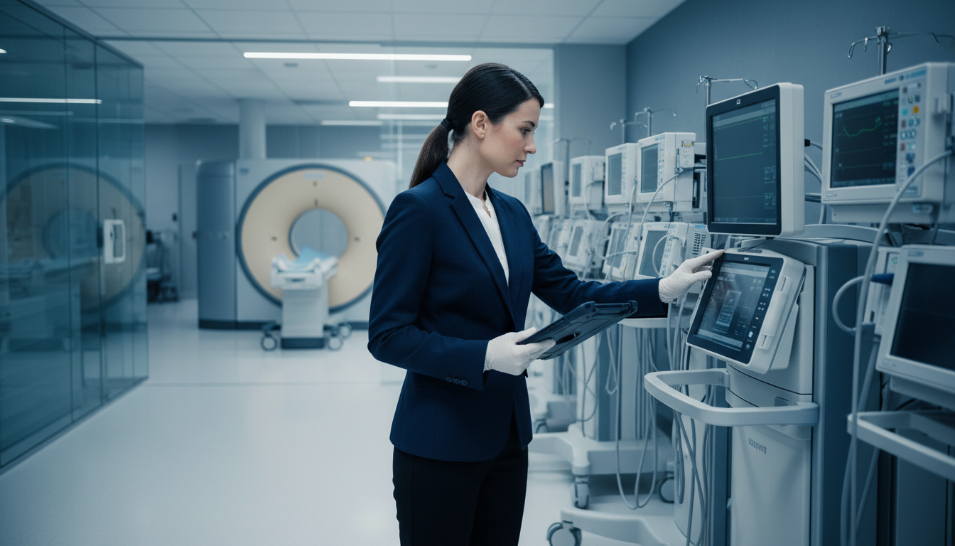 Biomedical engineer inspecting healthcare equipment