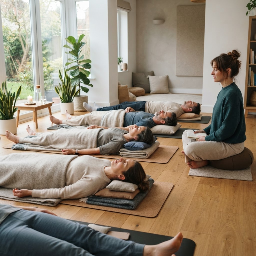 Teilnehmende liegen entspannt auf Matten während einer geführten Hypnobreath®-Sitzung