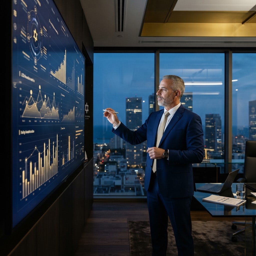 Focused CEO analyzing strategic metrics in a Tel Aviv office