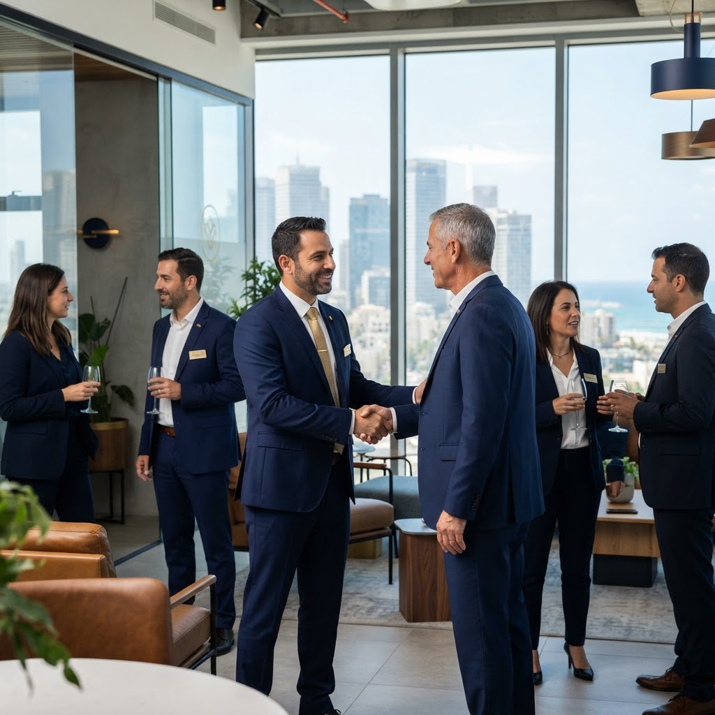 Israeli executives networking in a modern office, navy blue and gold