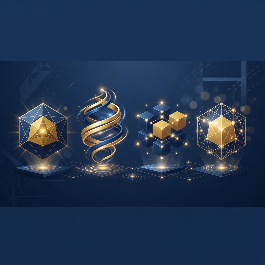 Four behavioral dimensions abstract visualization, navy blue and gold