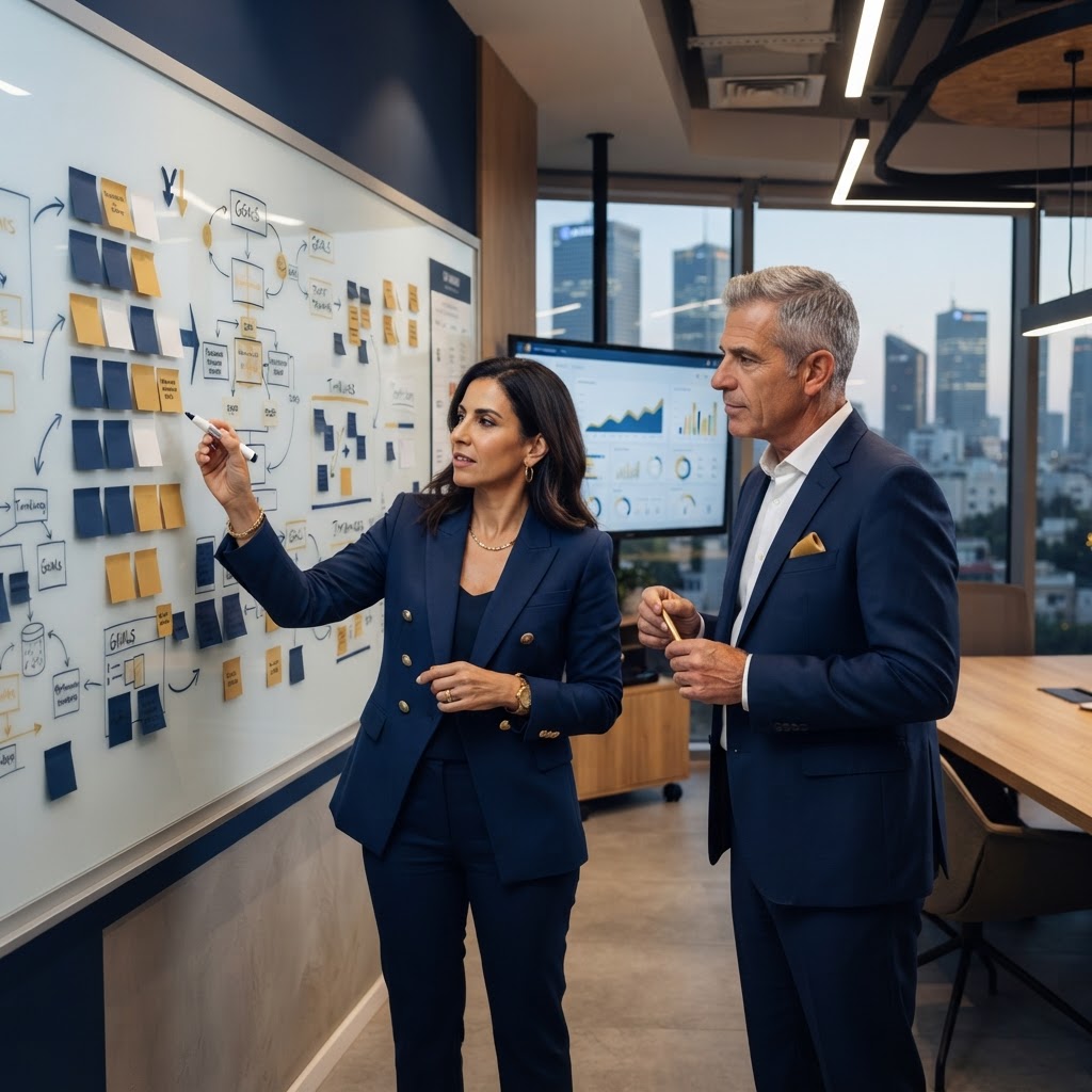 CEO and business coach working on strategy board