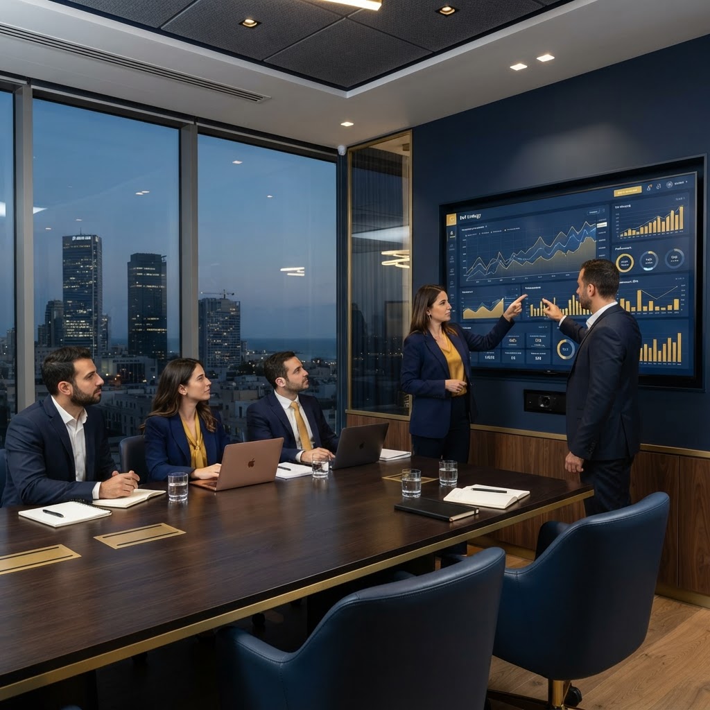 Business exit strategy and valuation meeting in a modern Israeli boardroom