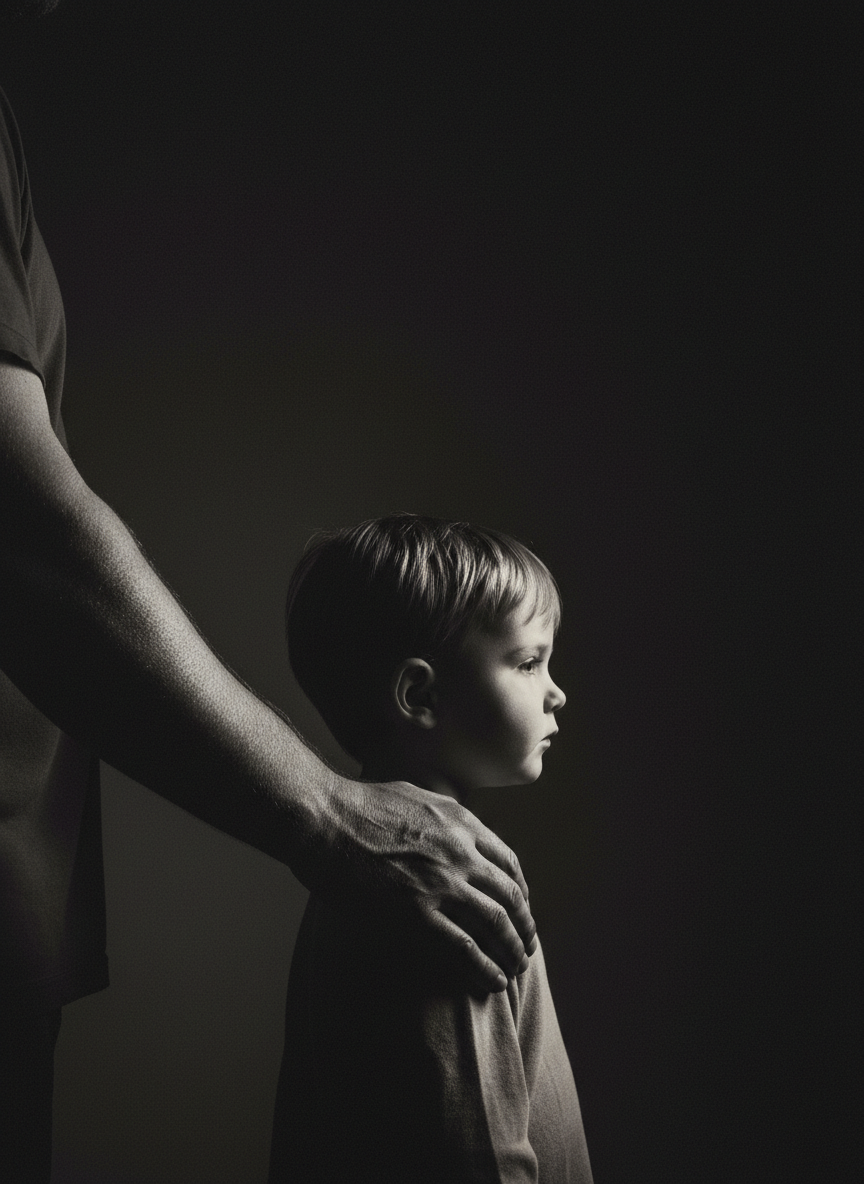 A father's hand resting on his child's shoulder