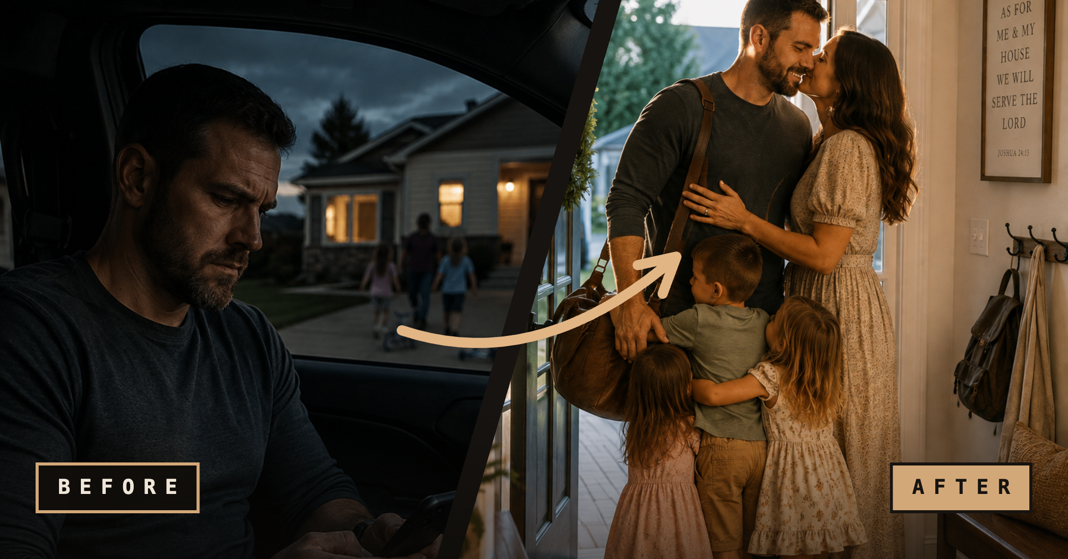 Before and after: father stuck in the car on his phone, then arriving home to his family