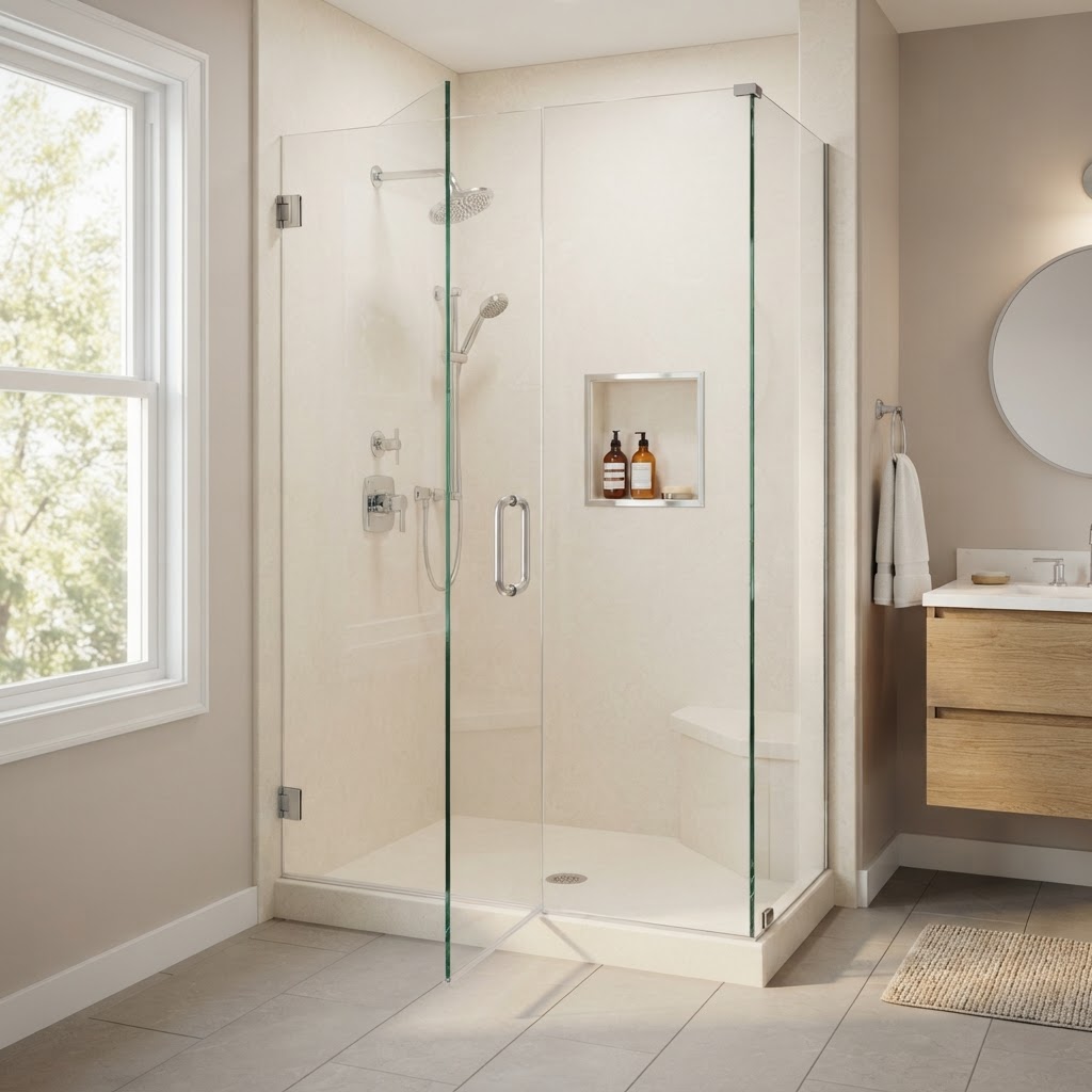 Design visualization of a light, grout-free Onyx shower with a glass enclosure