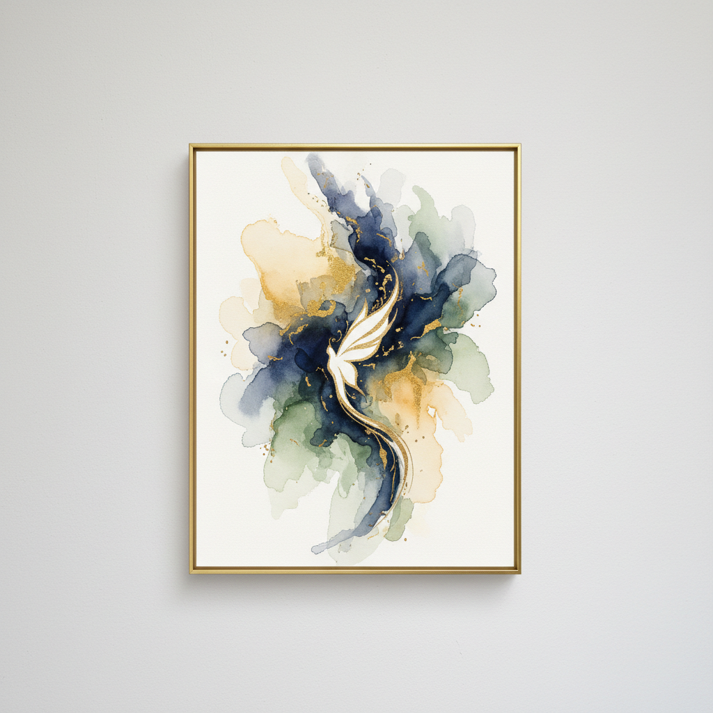 Whispered Truths abstract art — transformation artwork in navy, gold and sage tones