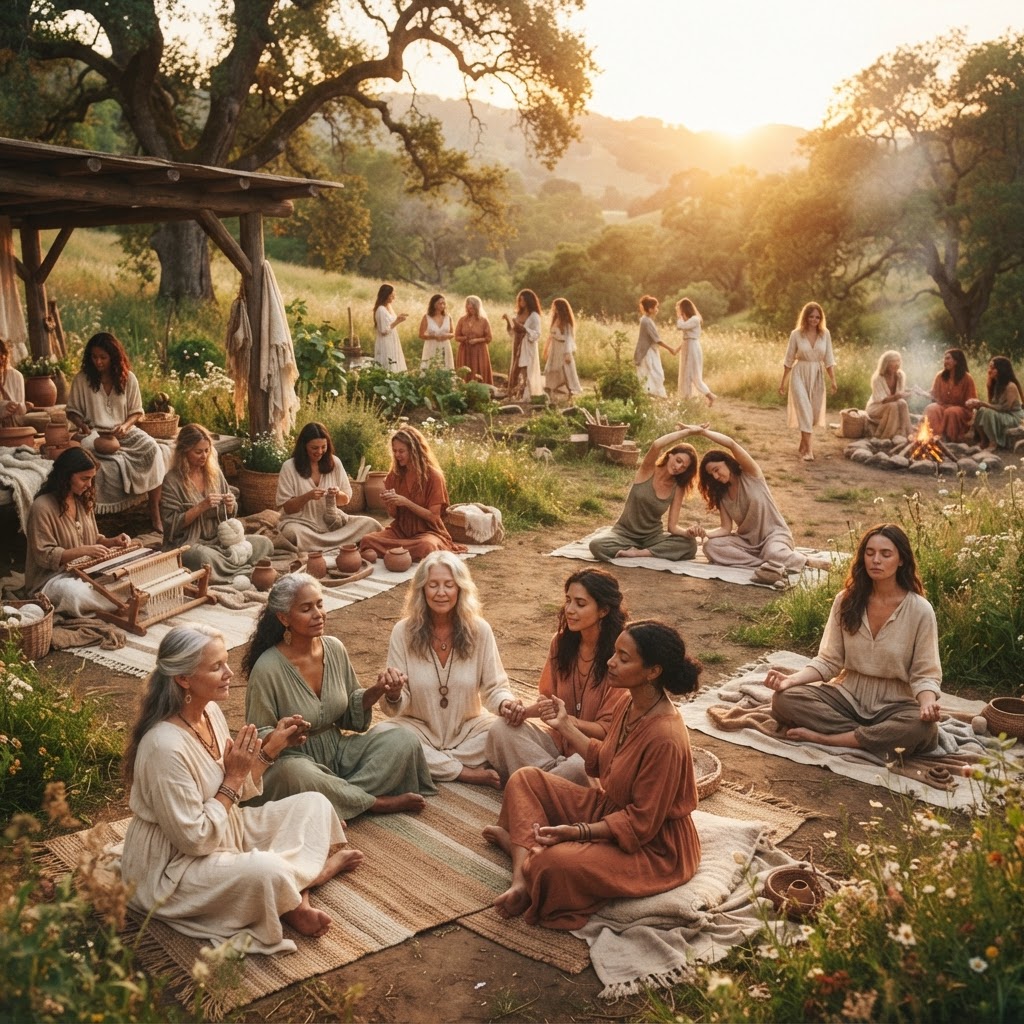 Women gathering in community — praying, hand crafting, grounding, meditating, and soft movement