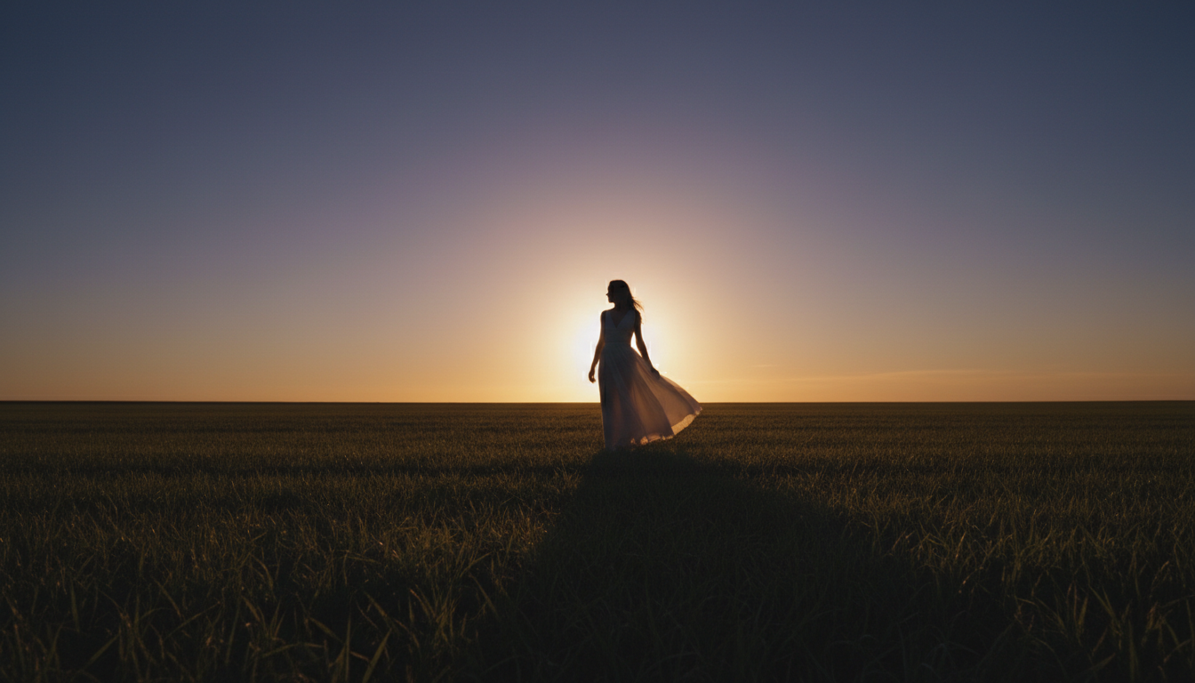 Woman standing in a field at dawn, embodying confidence and healing