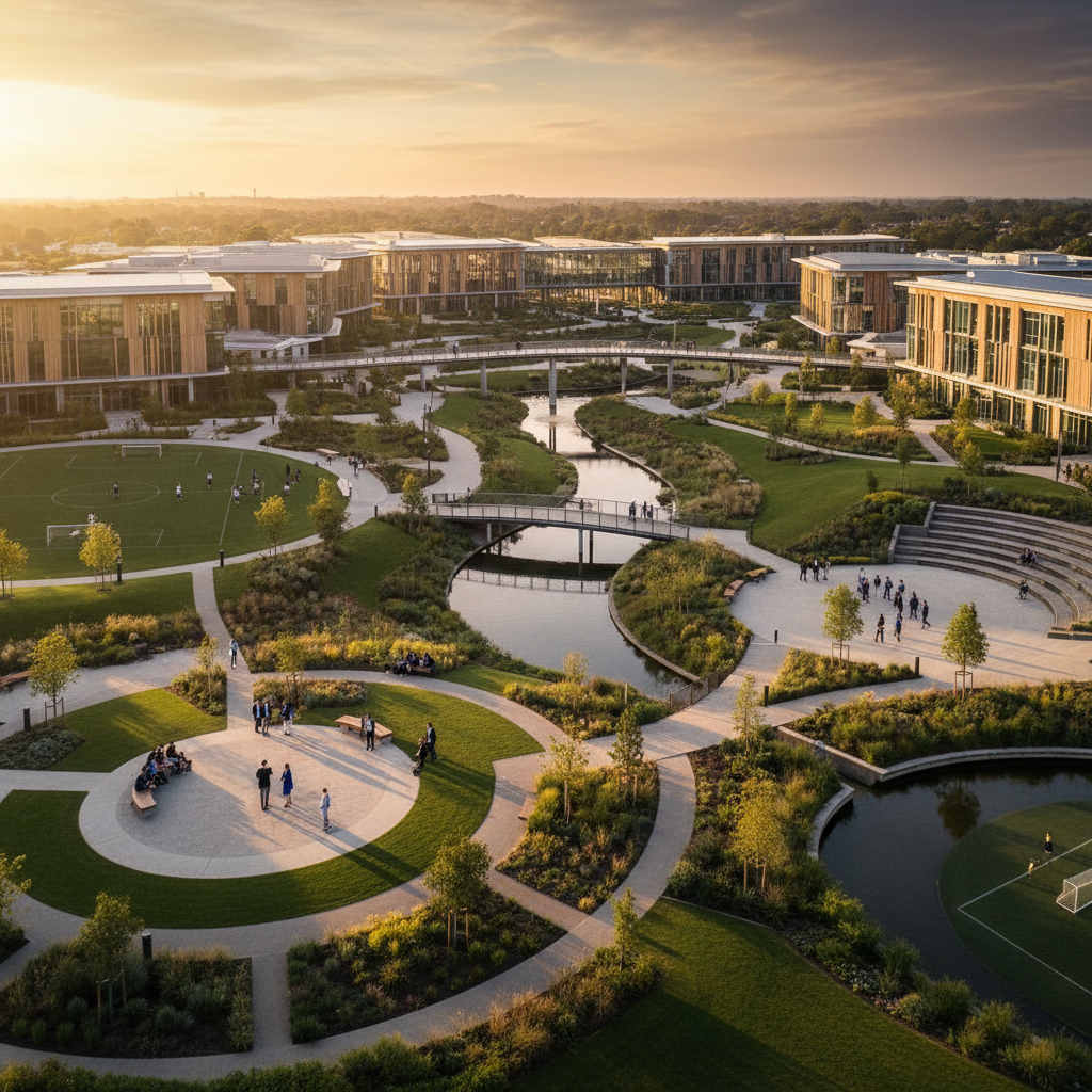 Modern school at golden hour