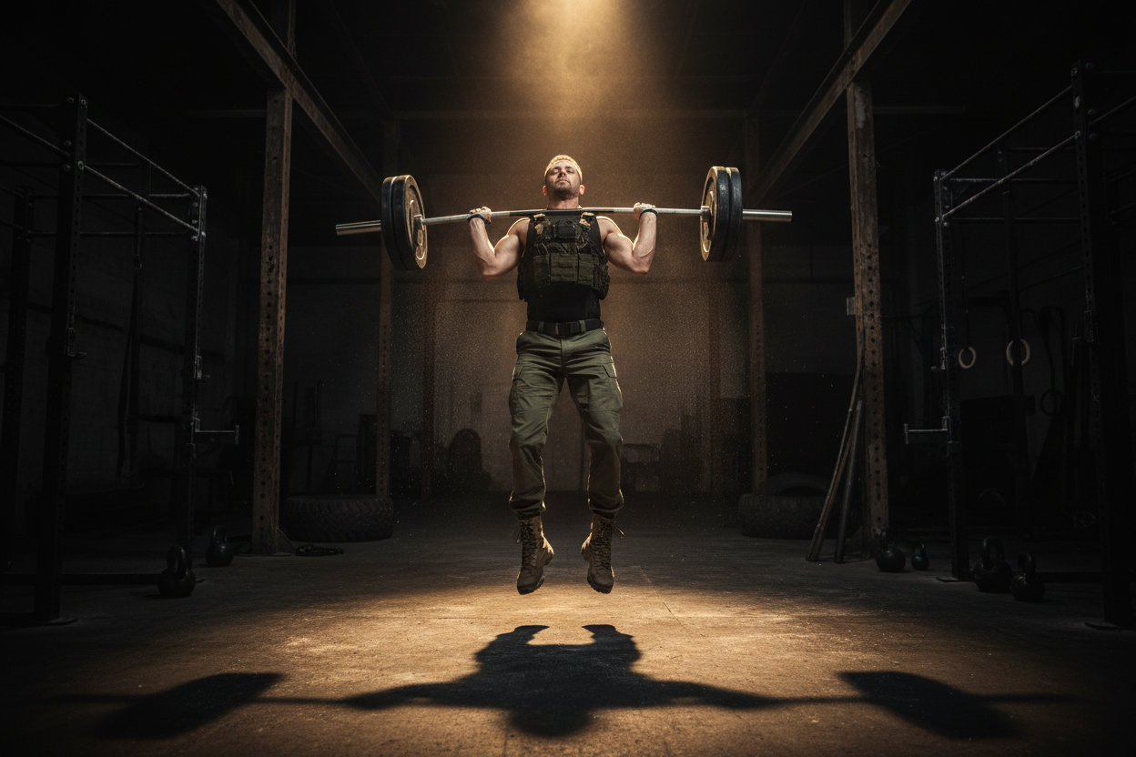 Tactical athlete performing barbell clean in dark gym