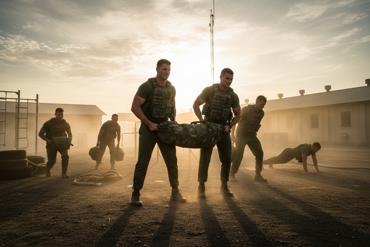 Squad of tactical athletes training together at dawn