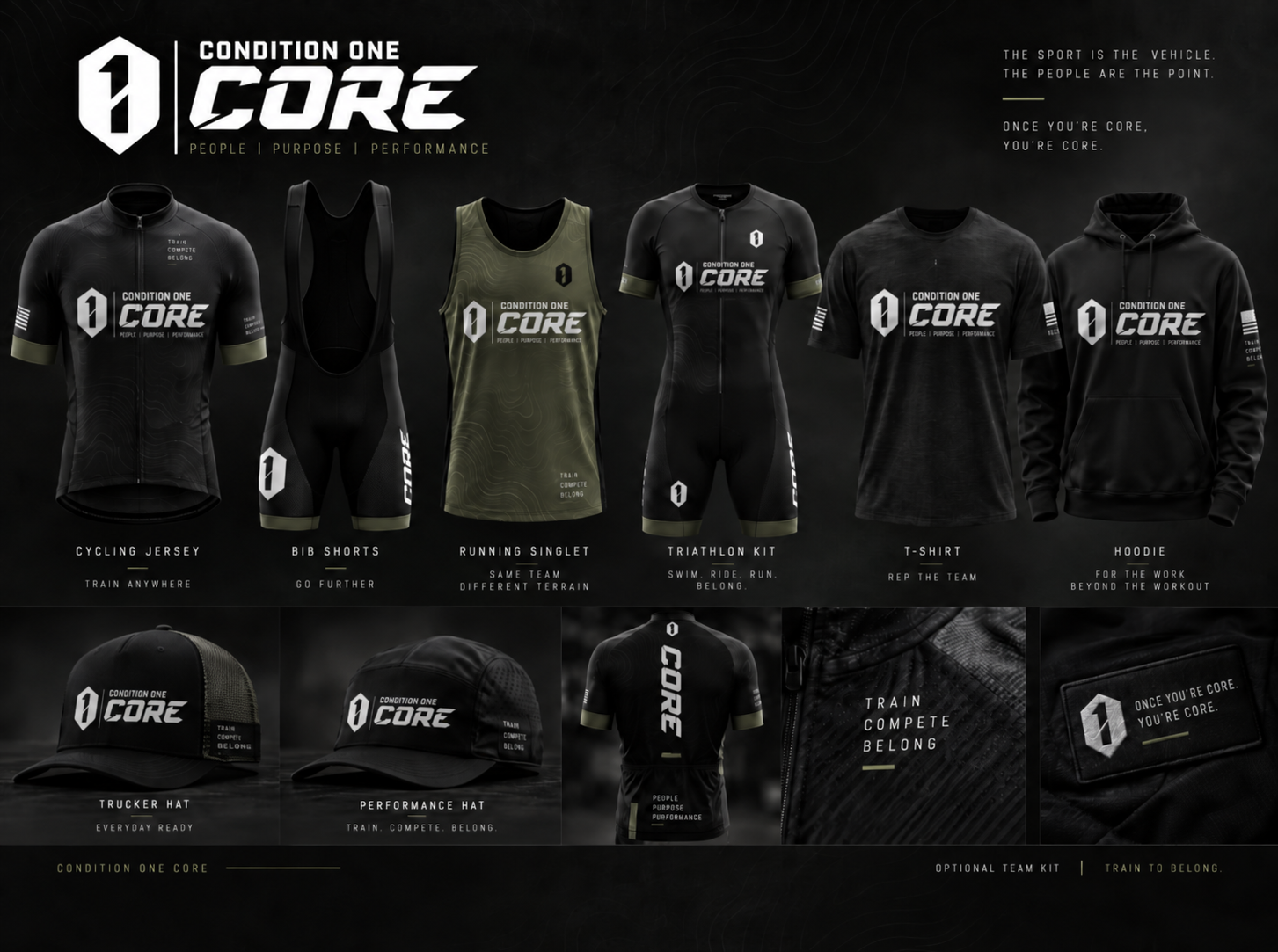 Condition One CORE team kit — cycling jersey, bib shorts, running singlet, triathlon kit, t-shirt, hoodie, trucker hat, performance hat