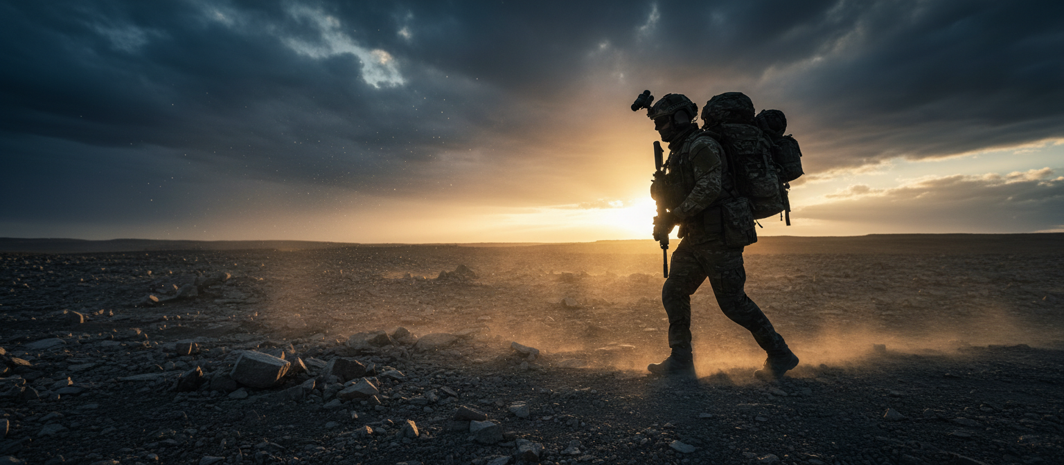 Tactical athlete rucking at dawn across rugged terrain