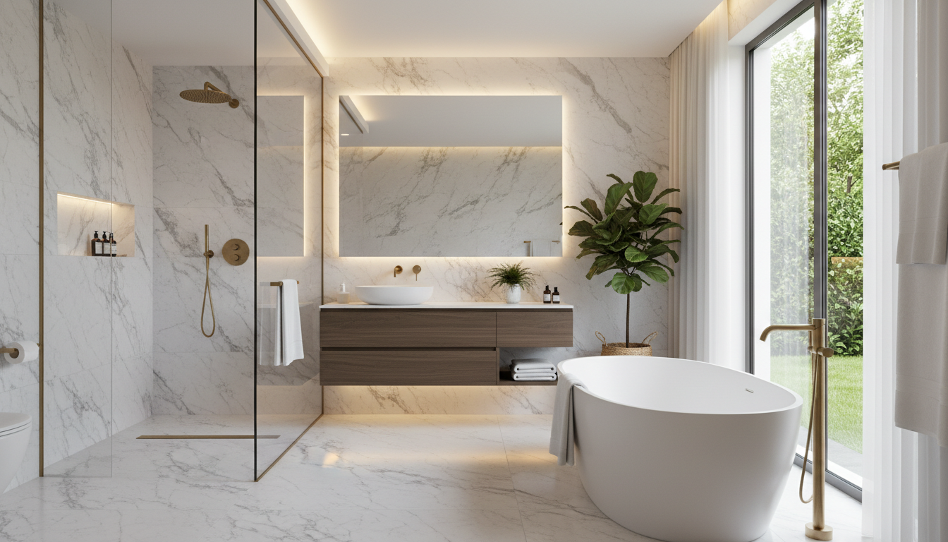 Luxury bathroom remodeling in San Diego featuring modern walk-in shower and freestanding tub