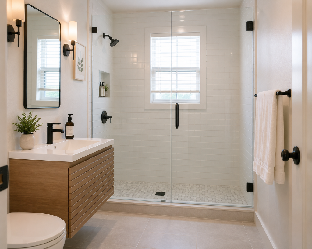After modern bathroom renovation with walk-in glass shower, subway tile, and floating vanity