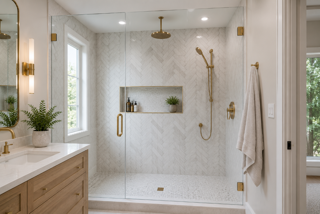 Herringbone Marble Shower & Oak Vanity