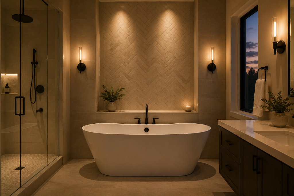 Herringbone Feature Wall Tub at Dusk